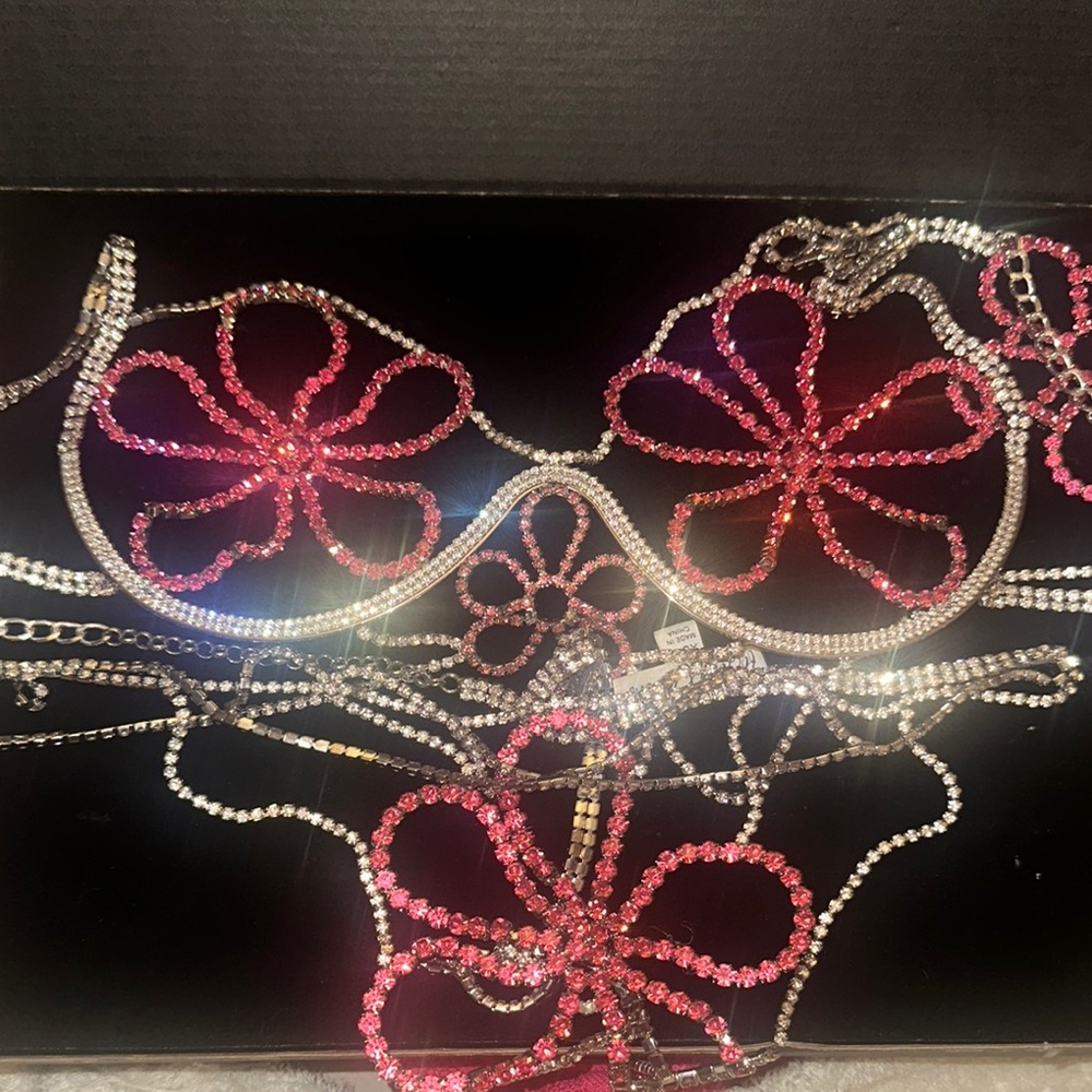 For Love And Lemons Pink and Silver Rhinestone Bikini Top